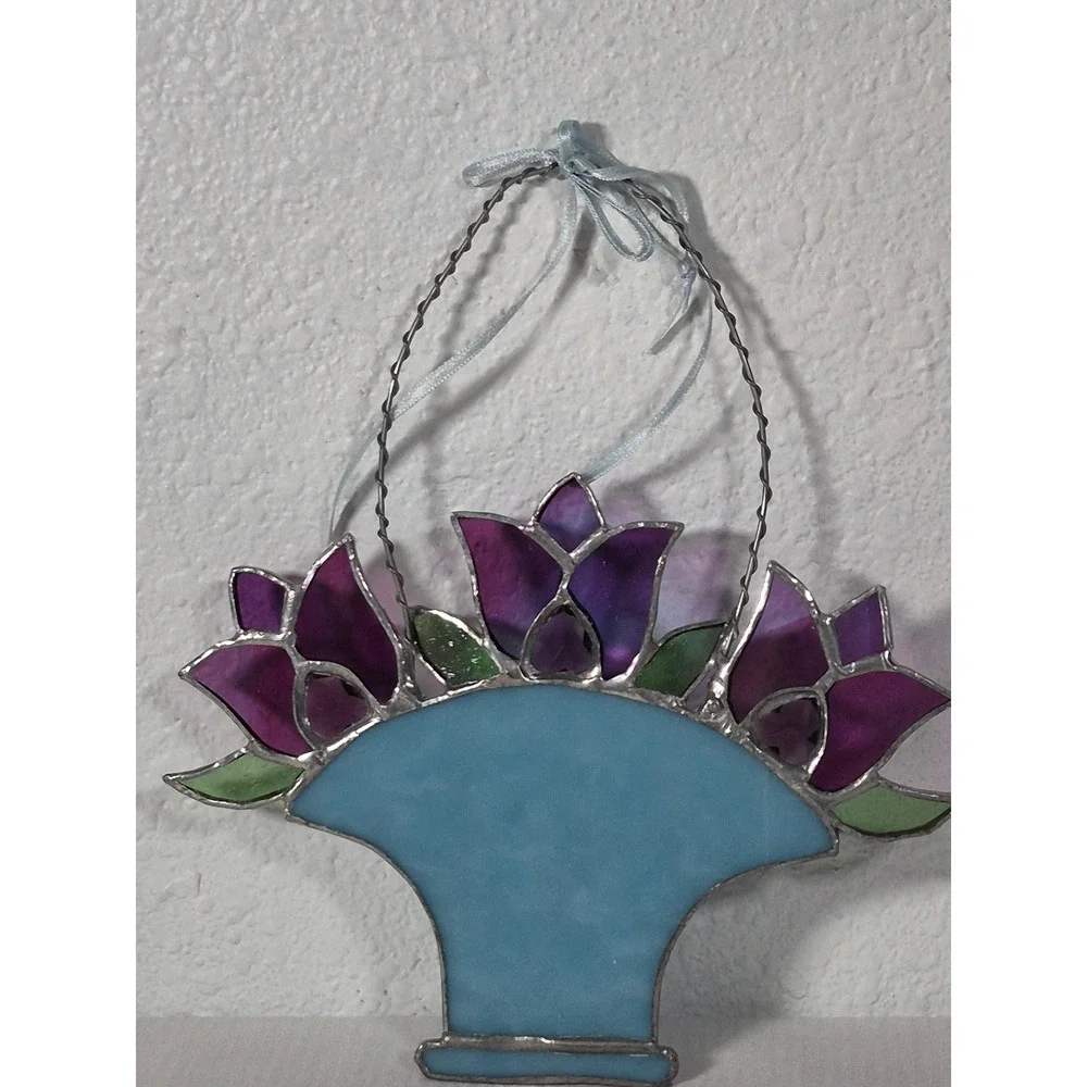 Vintage Stained Glass Tulip Flower Basket Suncatcher Purple Blue Wall Hanging